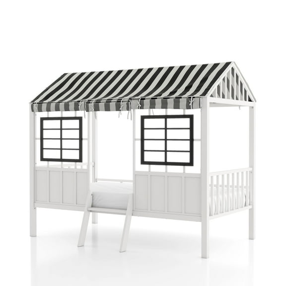 Furniture of America Little House Kids Metal Loft Bed with Guardrails, Black and White, Twin