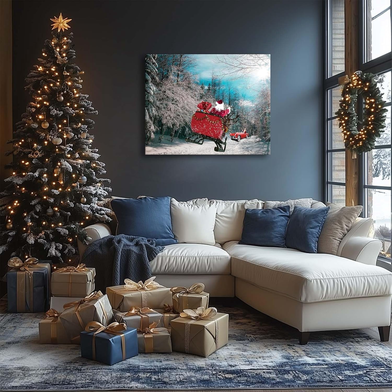 Christmas canvas wall art decor, Santa Claus on Sleigh with Gifts and Red Car in Snowy Forest, Festive Canvas Print for Living Room or Office, Holiday Home Decor for a Joyful Atmosphere 16X20inch