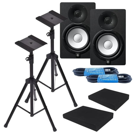 Yamaha HS7 7-Inch Powered Studio Monitor Speaker Black (Pair) with Height Adjustable Speaker Stands, Monitor Isolation Pads, and XLR (Best Mixer For Powered Speakers)