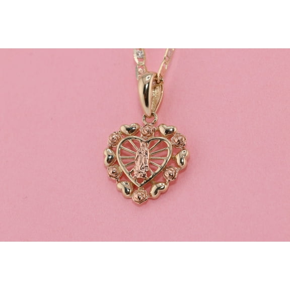 14k Solid Tiny Gold Virgin Mary Virgin Maria Lady Guadalupe Heart Pendant