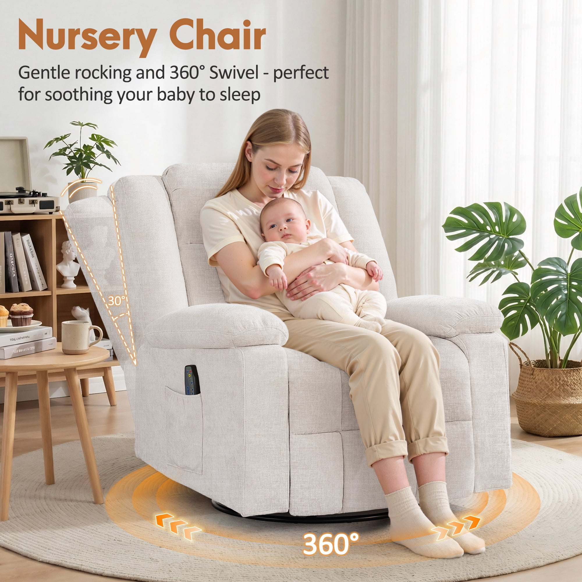 Korser 360°Swivel Rocker Recliner with Massage and Heating,Rocker Recliner Chair for Adults with Side Pockets Nursery Glider Recliner for Living Room,Chenille,Beige