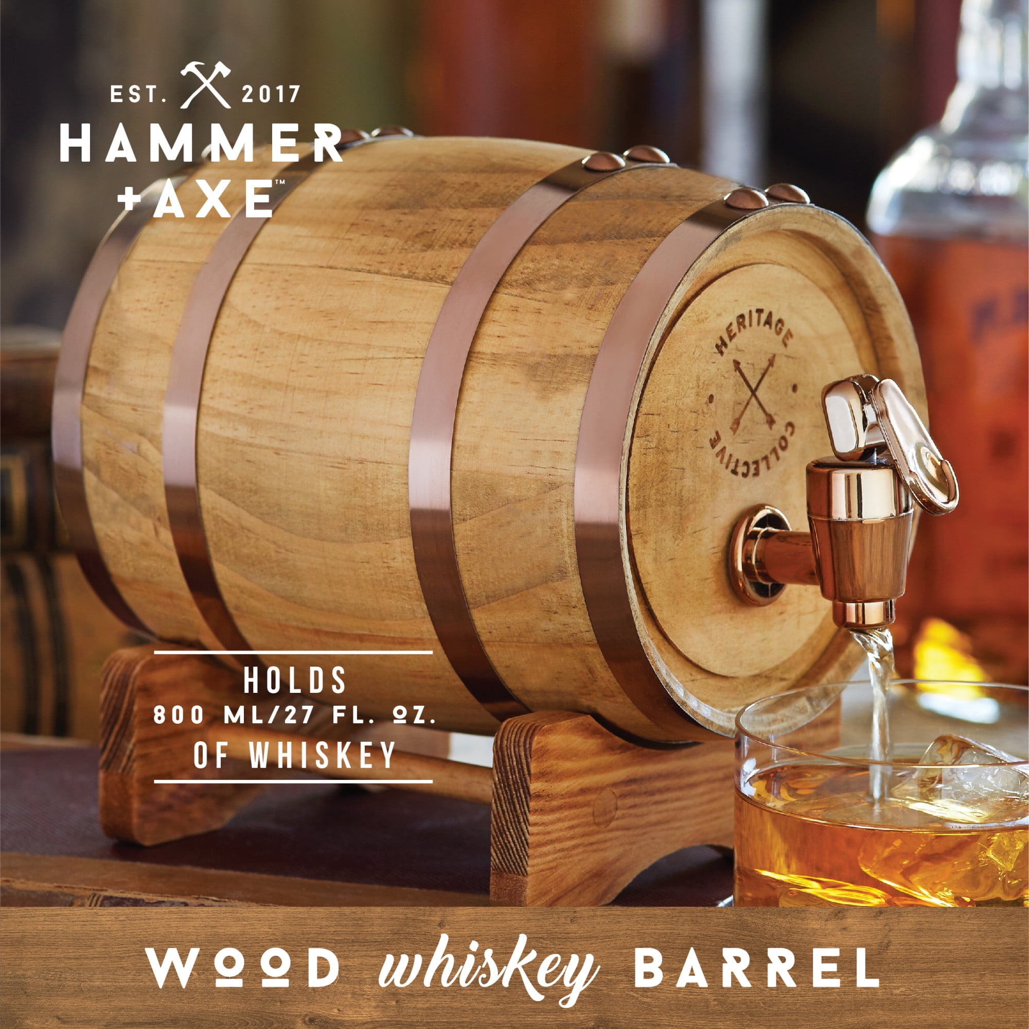 Hammer + Axe Miniature Wood Whiskey 1L (27 Fl. Oz.)Wood Barrel Dispenser and Mini Infuser