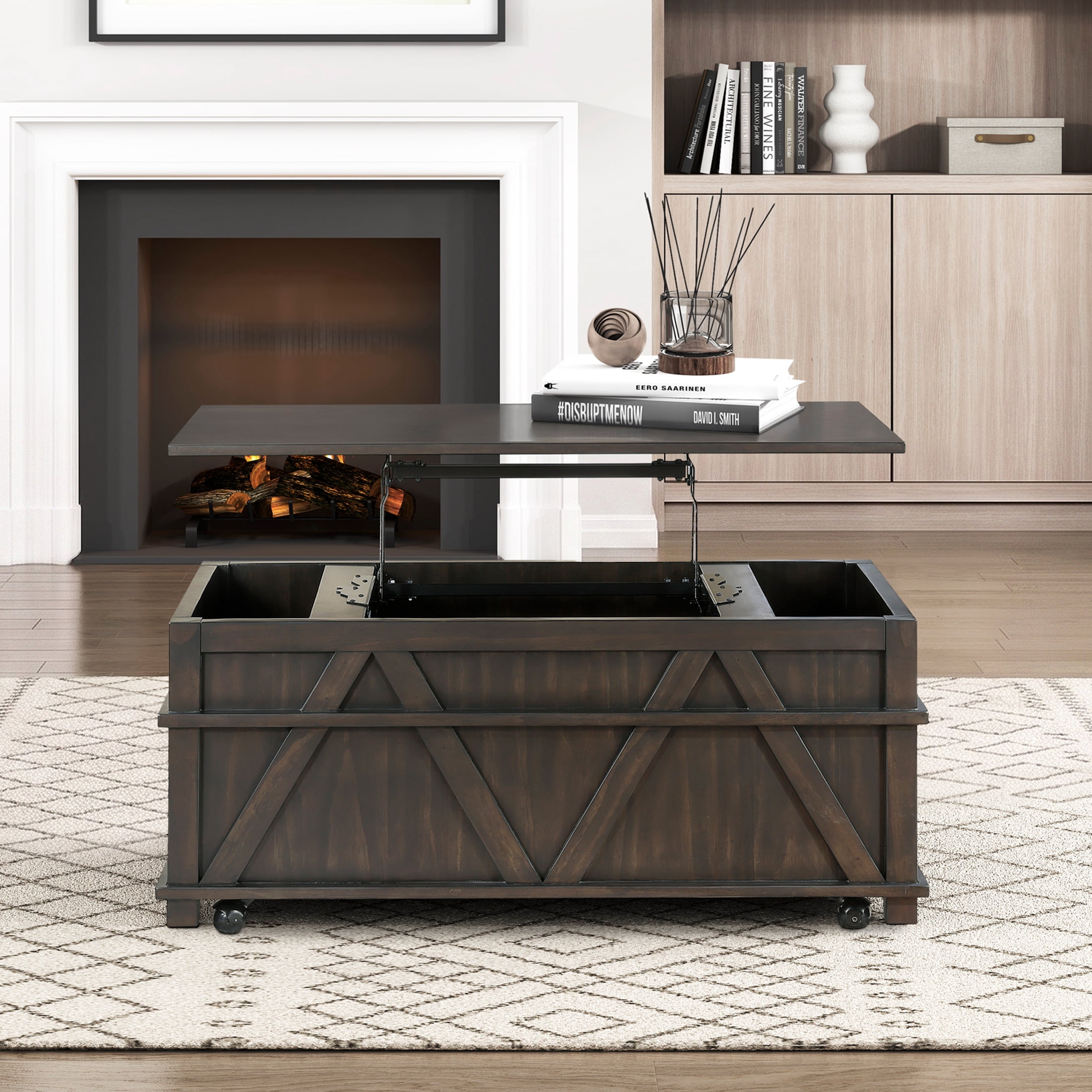 OakvillePark Lior Lift Top Coffee Table with Hidden Compartments and Casters, Brown