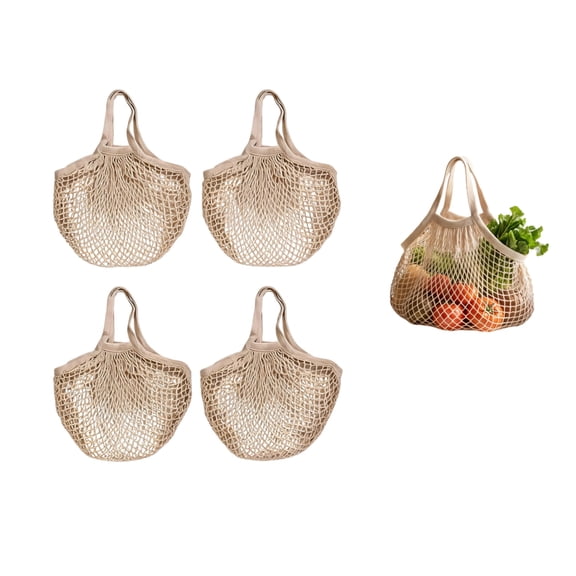 Reusable Cotton Mesh Grocery Bags, 5 Pack Expanding Net Produce Tote Bags with Short Handle, Beige