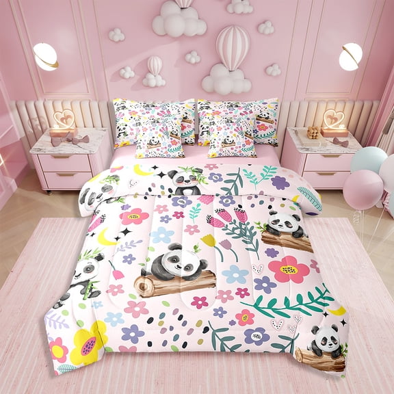 Erosebridal Floral Panda 7Pcs Bedding Sets Cartoon Panda Comforter Bed in a Bag Jungle Flower Animal Leaves Printed Quilt with Flat Fitted Sheet,for Teen,Twin 7Pcs