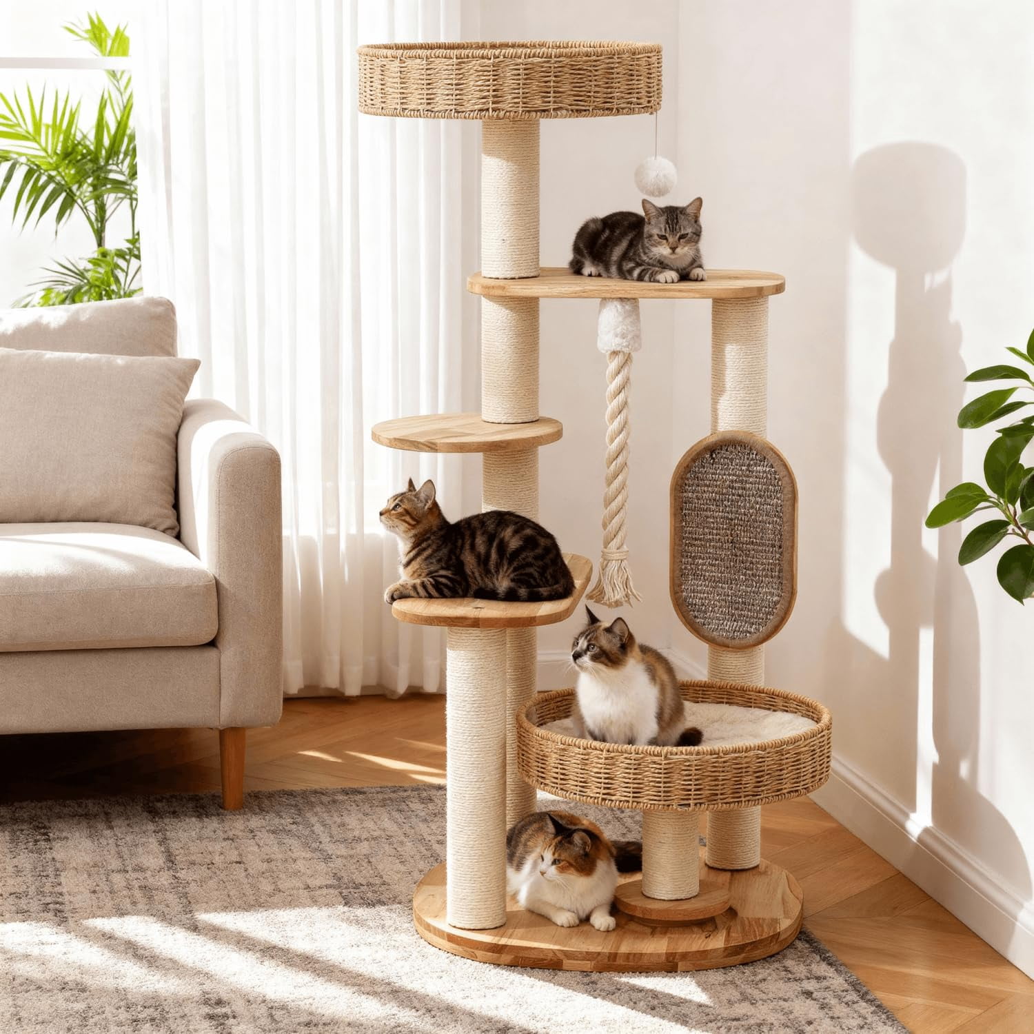 Wooden Cat Tree For Large  Tall Tower With Indoor Cats Multi-level Condo Hand-woven Bed And Board Easy To Clean (48in)