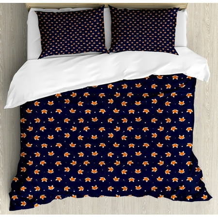 Fox Duvet Cover Set Orange Small Forest Animal Portraits Pattern