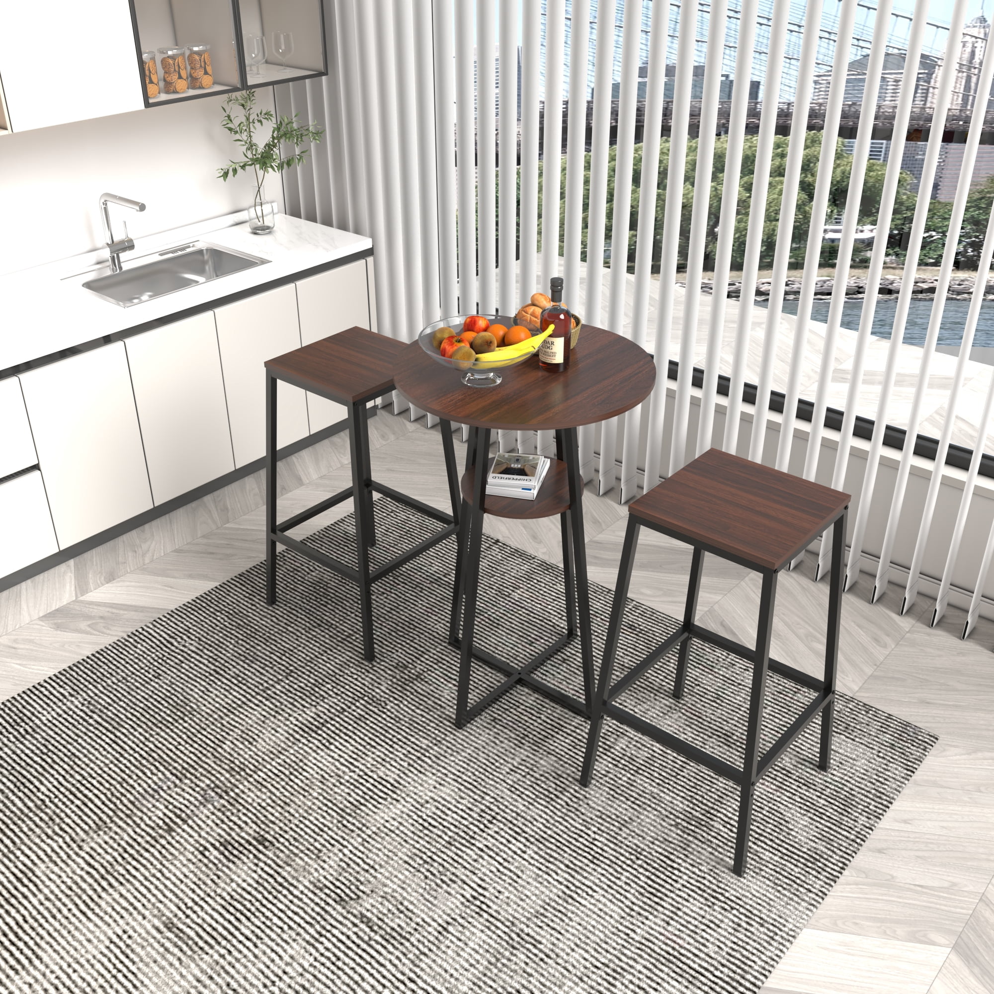HOQBN 3 Piece Counter Height Bar Table Set,Pub Bistro Table with 2 Backless Bar Stools and Middle Storage Shelf,Industrial Wood Frame High Dining Table for Balcony, Kitchen & Small Apartment Home