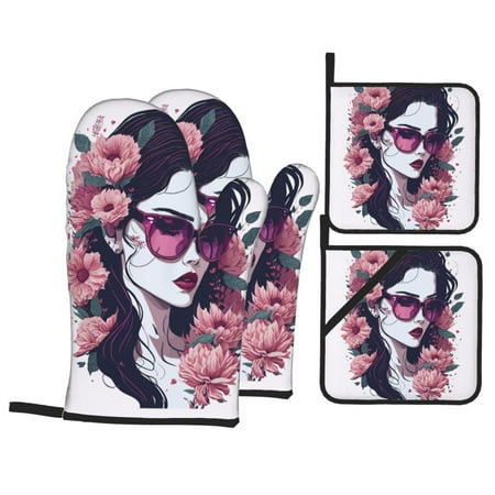 

PUREYAH Oven Mitts And Pot Holders Sets Kitchen Cartoon Flowers Womens Day Oven Gloves Hot Pads Heat Resistant 4 Pieces