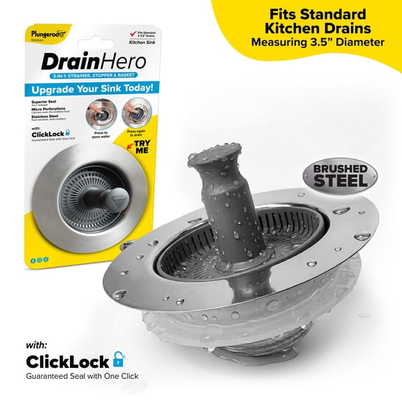Drain Hero™ 3-in-1 Kitchen Sink Strainer, Stopper Basket – Stainless Steel, Anti-Clog, Dishwasher Safe