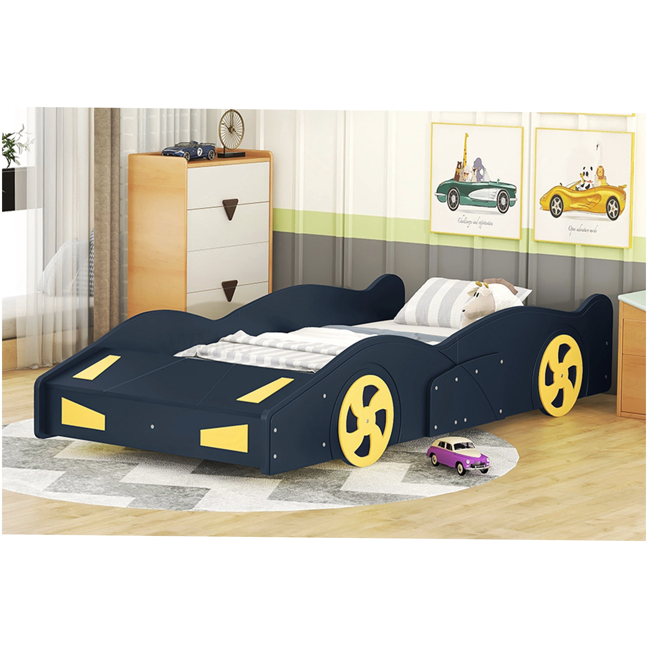 Low Profile Twin Bed Frame with Storage, Race Car Design, Solid Wood Platform Base