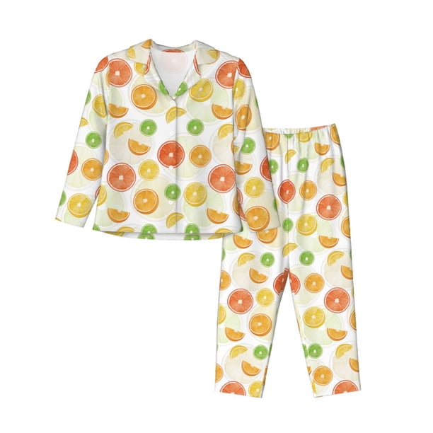 Balery Colorful Lemons Conjunto de Pijama con Estampado para Mujer, Conjunto de Dos Piezas con Manga Larga, Ropa de Dormir Suave con Bolsillos, Pijamas Cómodos-Medium