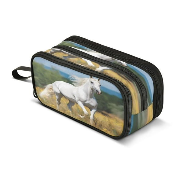 ALAZA Horse on Grassland Pencil Case Bag 3 Compartment Pen Pouch Large Storage Holder Box Organizer