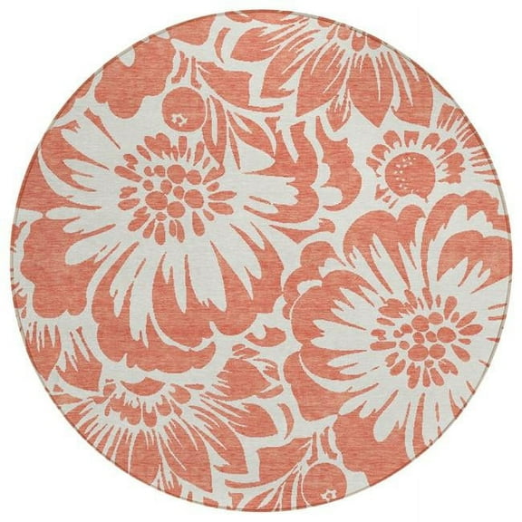 HomeRoots 562529 8 ft. Round Salmon & Ivory Round Floral Washable Non Skid Indoor Outdoor Machine Woven Area Rug