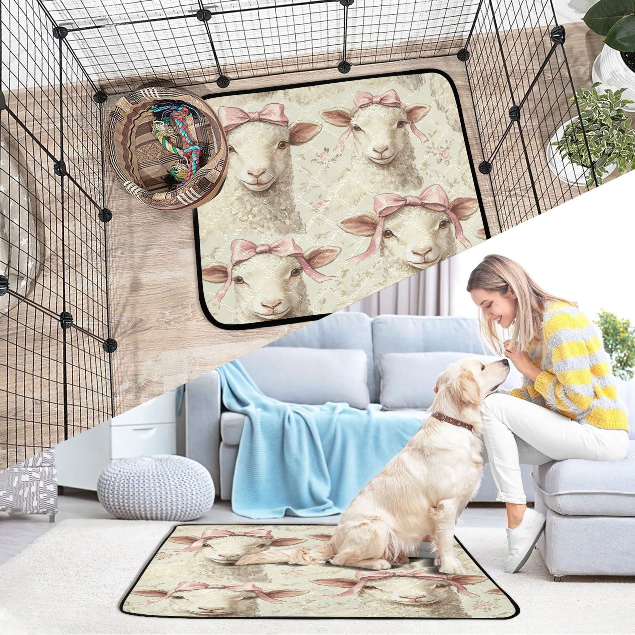 Qxltty Sheep with Bows Tied To Their Heads Pattern Cat litter Pads Pet Set of 3 Diaper Mats Center Anti-leakage Layer Absorbent Soft and Comfortable