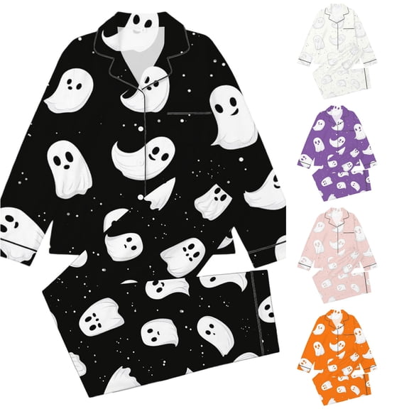 Afdoent Girls Pajamas Set Halloween Ghost Print Sleepwear Soft Long Sleeve Button-Down Sleepwear Nightwear 2Pcs Pajama Sets Loungewear Comfortable For Kids Holiday 13-14 Years