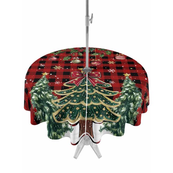 Outdoor Tablecloth with Umbrella Hole and Zipper, Christmas Tree Round Table Cloth 60 Inch Waterproof Tablecloth, Winter Xmas Ball Snowy Red Black Plaid Picnic Table Cover for Patio Camping