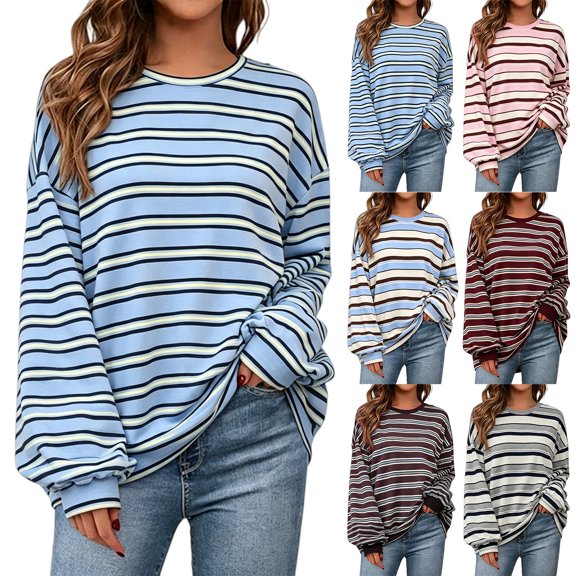 Womens Oversized Striped Long Sleeve Shirts Fall Tops 2026 Basic Tees Crewneck Fitness Clothing,Y2k Streetwear,Workout Gym Athletic,Plus Size Fashion,Winter Outfits,Cute Sweatshirts Sky Blue S