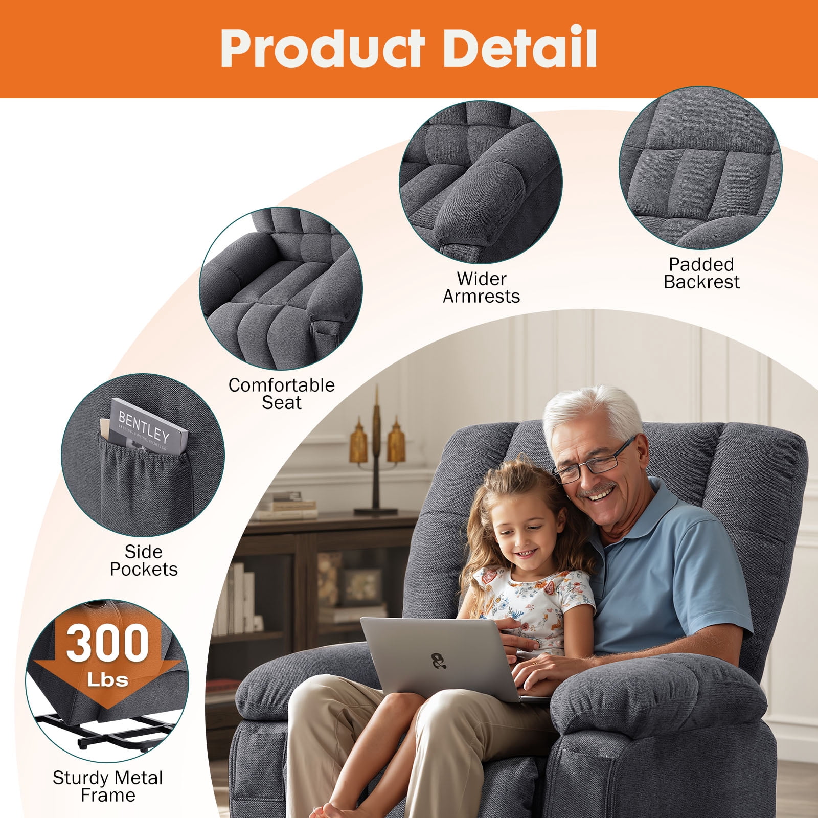 edx Power Lift Recliner Chair, Recliner for Elderly with Massage and Heating, with Remote Control, Cup Holder, Side Pocket, Grey
