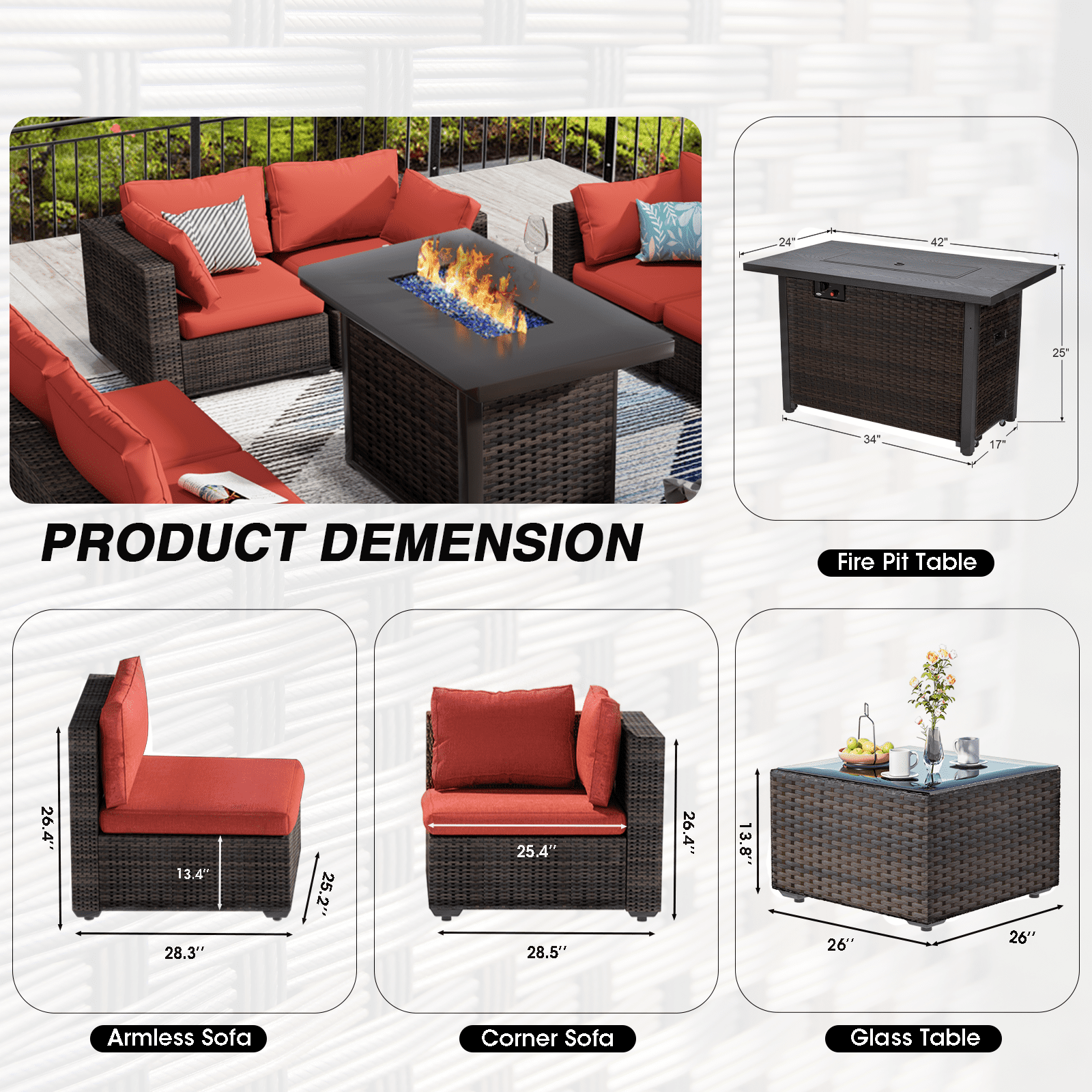 Grezone 10 Piece Patio Furniture Set with Fire Pit Table, All Weather Outdoor Sectional PE Rattan, Patio Conversation Sets with Cushions and Glass Coffee Table for Garden Lawn Balcony