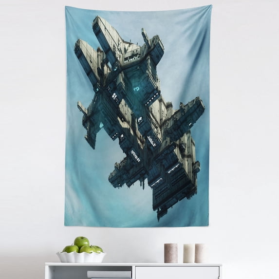 Fantasy Tapestry, Science Fiction Alien Ship Illustration Extraterrestrial Beings Realistic UFO, Fabric Wall Hanging Decor for Bedroom Living Room Dorm, 5 Sizes, Pale Blue Grey, by Ambesonne