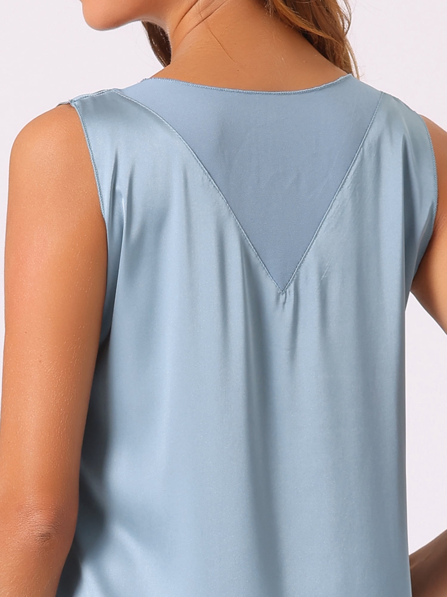 DARING DIVA Women's Silky Satin Mesh V Neck Sleeveless Blouses Tank Shirt XS Blue