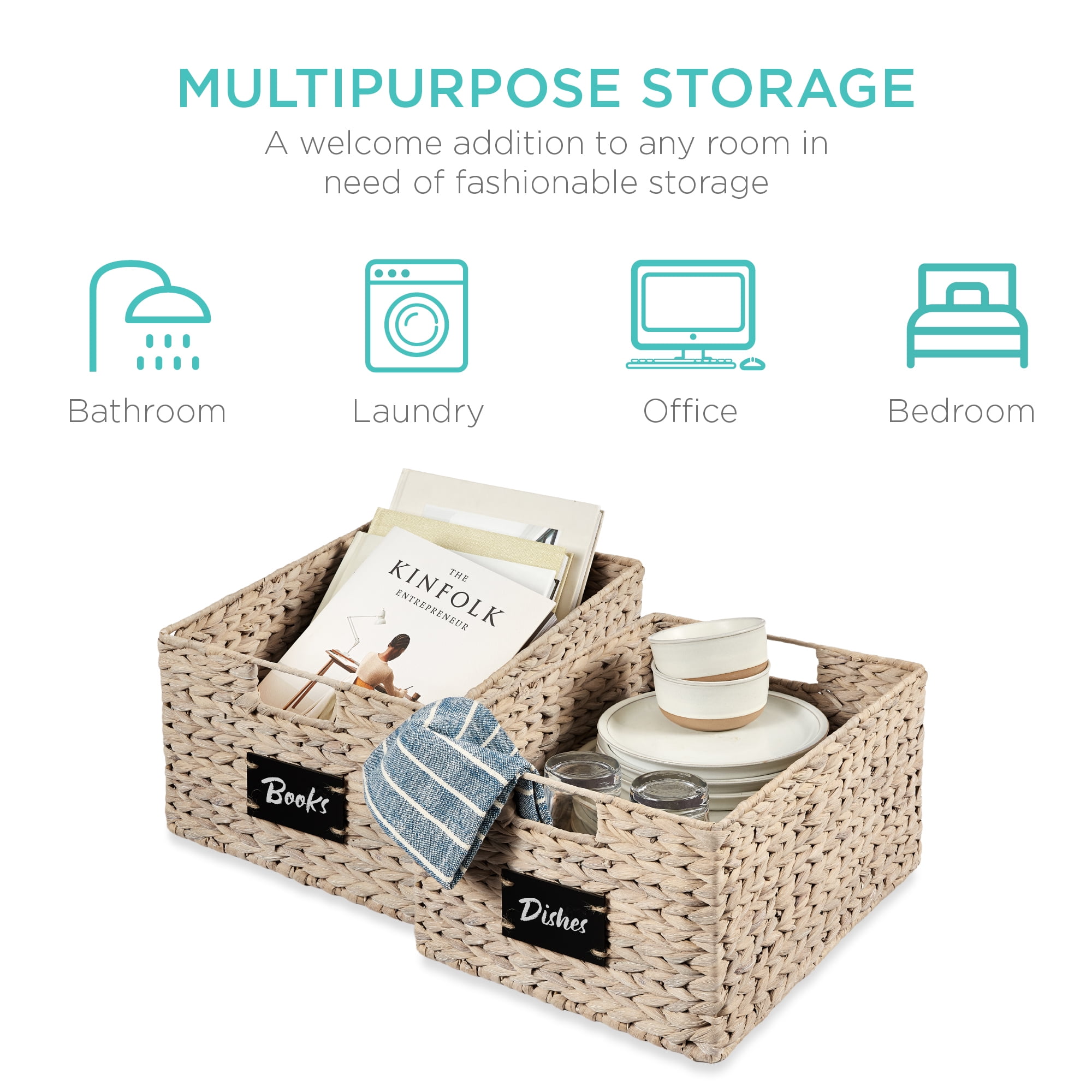 Best Choice Products Set of 2 16in Woven Water Hyacinth Pantry Baskets w/ Chalkboard Label, Chalk Marker - White