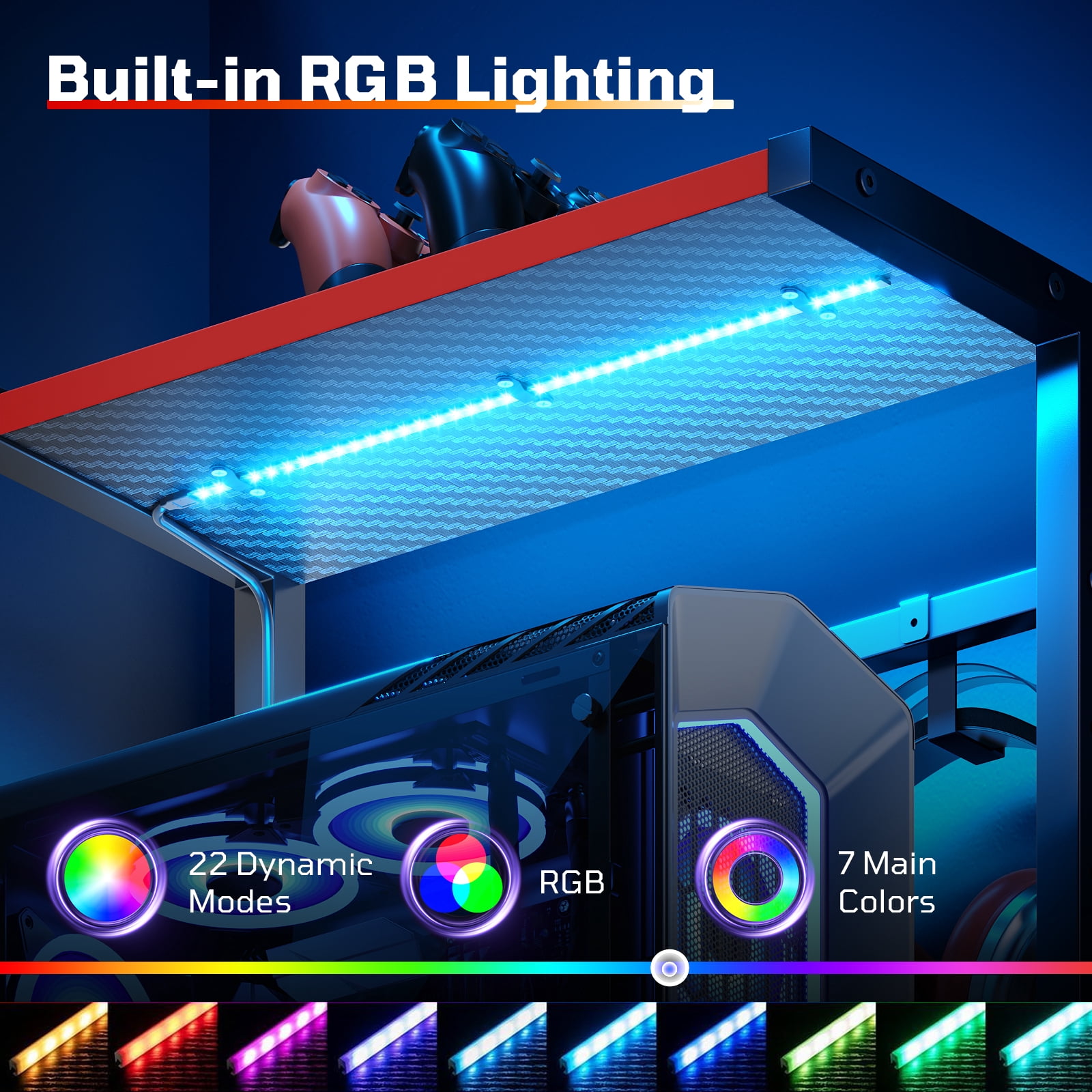 Bestier LED Gaming Desk with Drawer, 44'' Computer Desk with Reversible Shelves, PC Gamer Desk with Side Storage Bag, Hooks and Height Adjustable Shelf for Home Office, Red