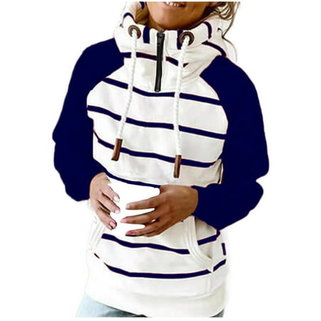 

Moxiu Women s Drawstring Hoodies Tops Casual Plus Size Loose Fit Tunic Shirts with Pocket Long Sleeve Turtleneck Lightweight Oversize Stripe Zipper Hooded Sweatshirts Pullover