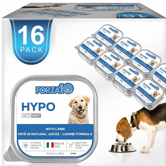 Forza10 Hypo Wet Dog Food for Adult Dogs - 3.5 oz, 16 Pack - Lamb Flavor | Actiwet Hypo Vet-Formulated for Adult Dogs with Allergies - Non-GMO - Skin and Coat Support - Made in Italy