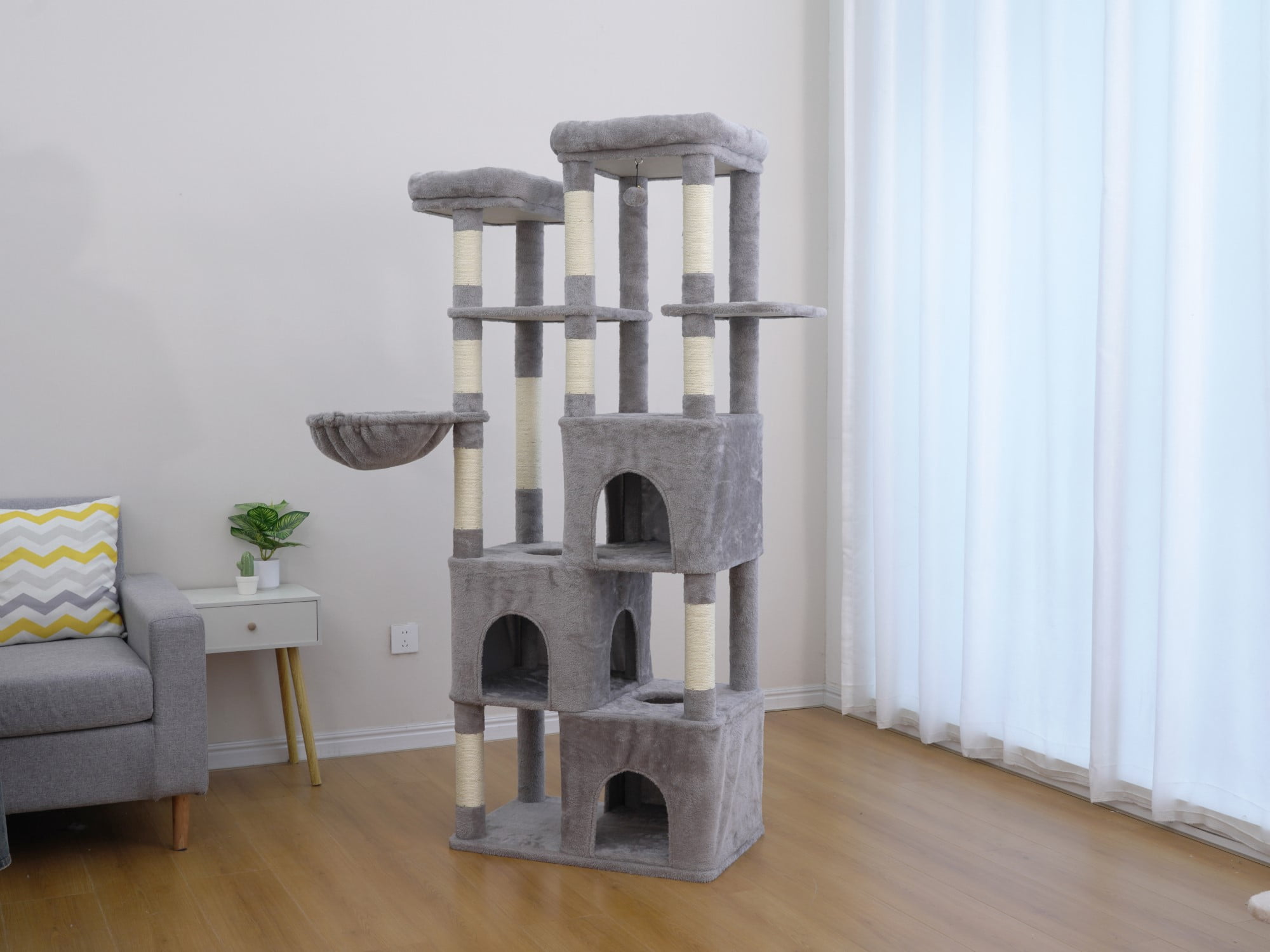 Vibrant Life Heavy Duty 7-Level 70" Cat Tree with Three Condos and Hammock, Light Gray