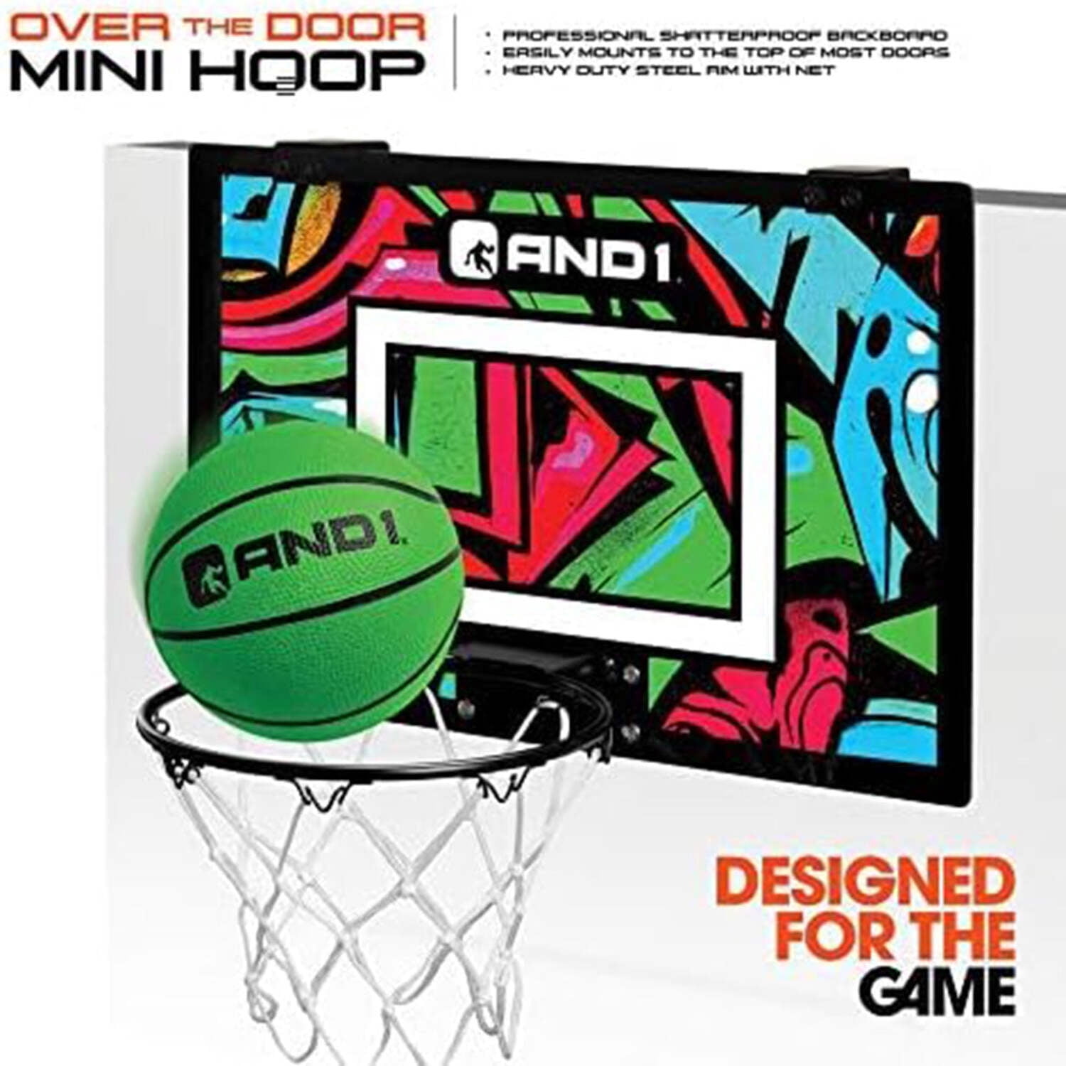 AND1 Over the Door Mini Basketball Hoop Set, 18"x12" Shatterproof Backboard, 1 Mini Basketball, No Tools Indoor Use
