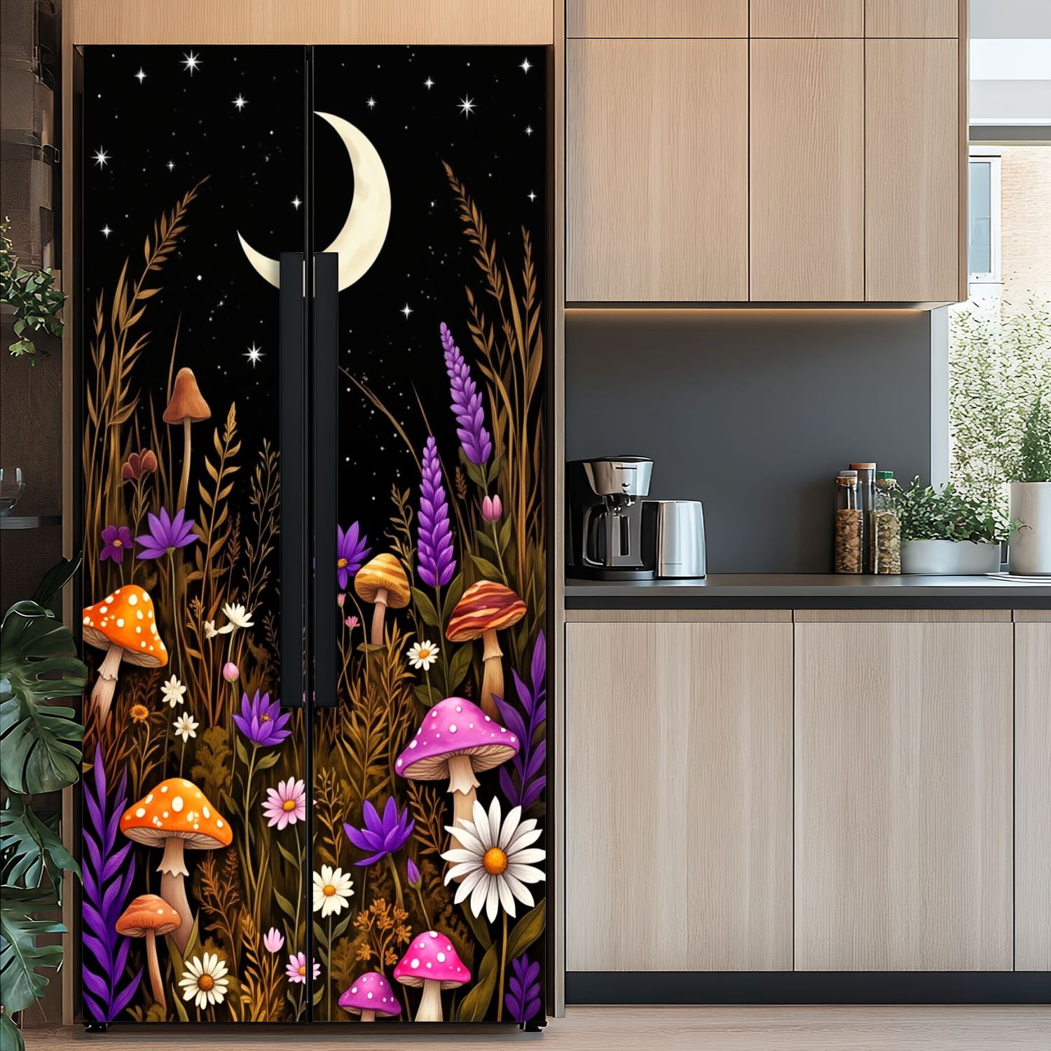 Self Adhesive Vinyl Refrigerator Wrap Set Magical Mushroom Forest Crescent Moon Starry Sky Botanical Door Mural Removable Fridge Sticker Peel and Stick&nbsp;Full Door Cover Decal Kitchen Bar Decor
