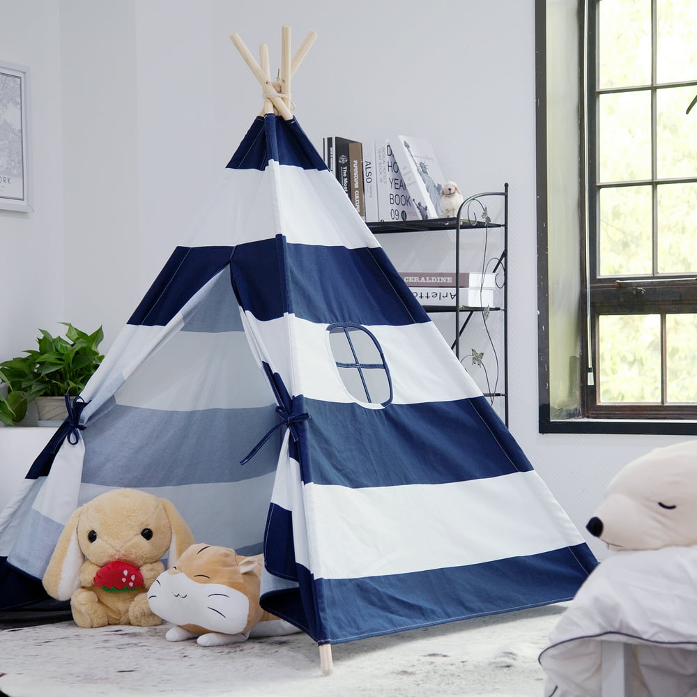 Striped Kids Teepee Tent Portable Canvas Tent, with Floor Mat, No Extra Chemicals