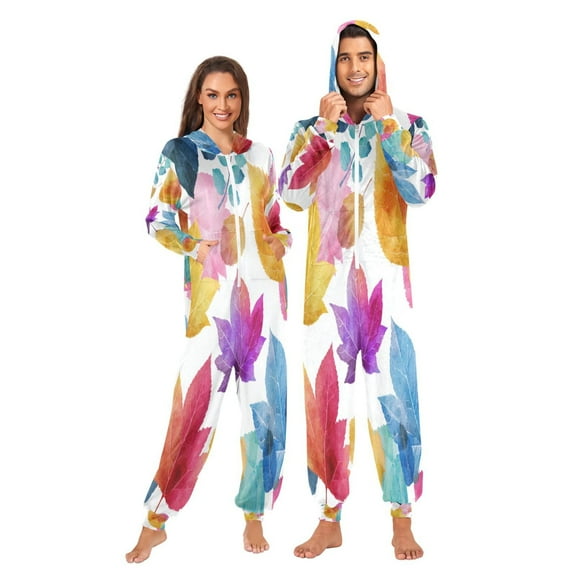 1-Pack Onesie Jumpsuits For Men&Women Winter One Piece Zipper Pajamas Playsuit Watercolor Autumn Leaves