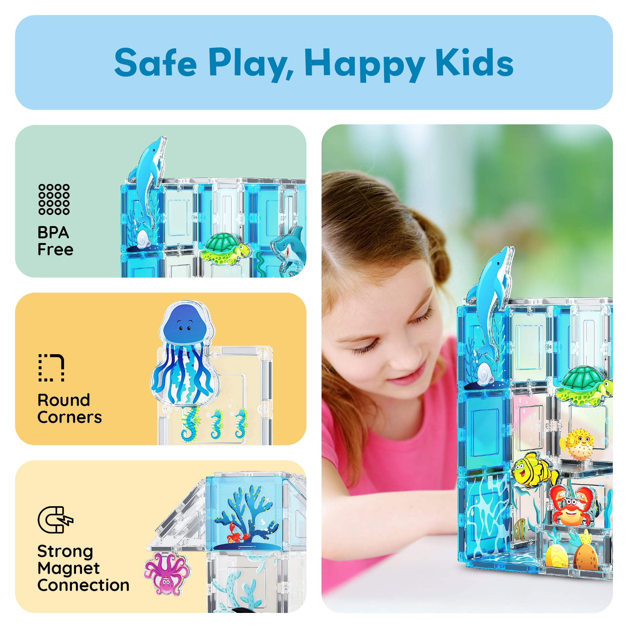 PicassoTiles Magnetic Tiles for Kids – Marine Animal Theme 52PCS STEM Construction Building Blocks Educational Toy