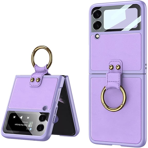 for Samsung Galaxy Z Flip 3 Case with Ring Holder, Luxury Leather All-Inclusive Camera Lens Anti-Drop Protective Case with Metal Kickstand for Galaxy Z Flip 3-Purple