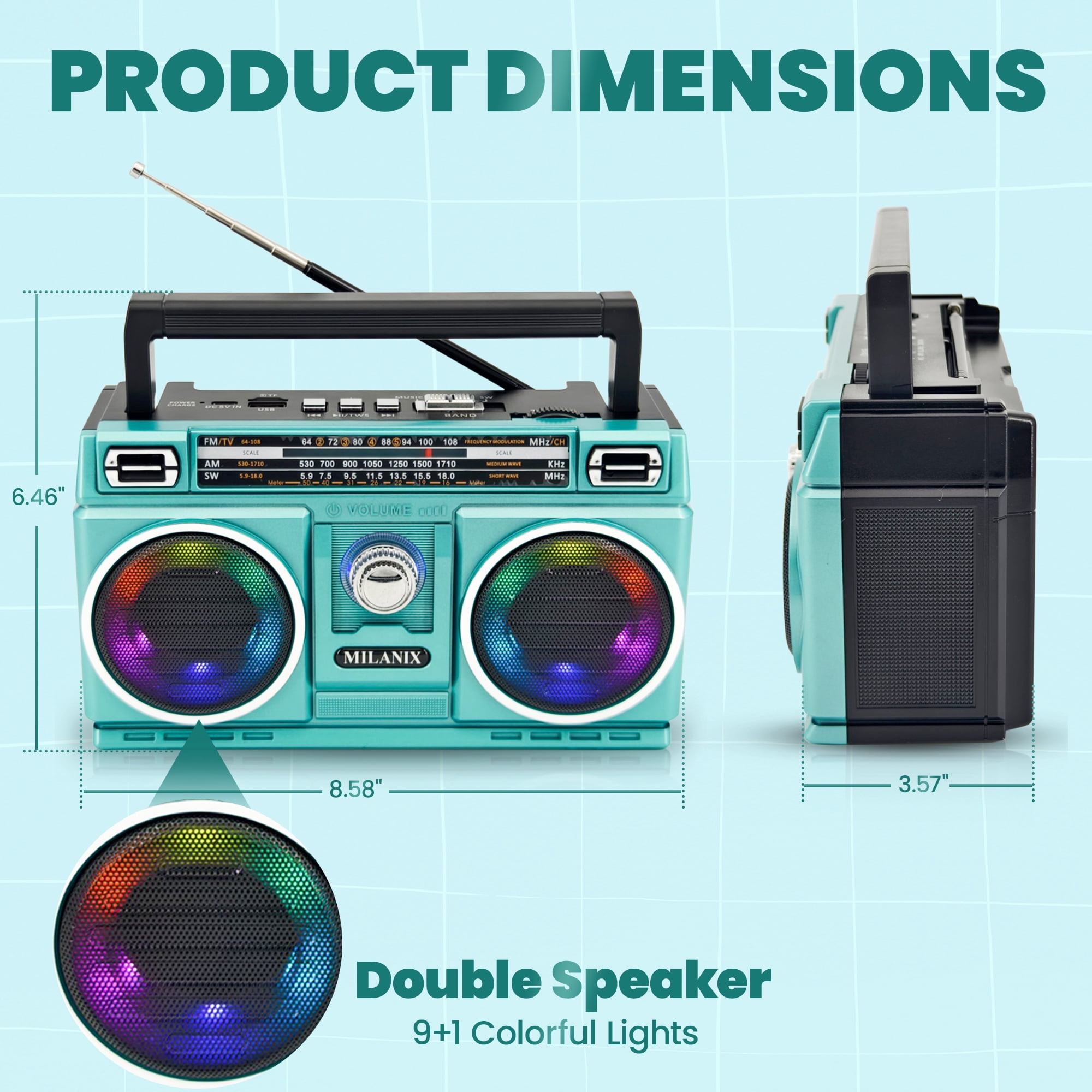 Milanix Bluetooth Battery Dual Speakers Compact Portable AM/FM Radios, Turquoise