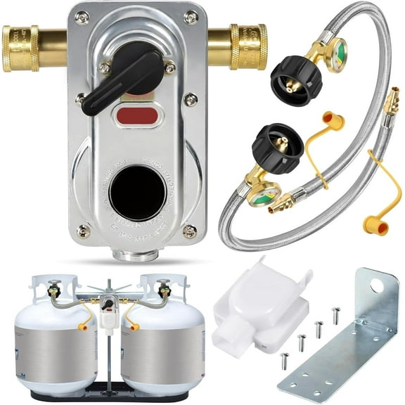 2-Stage Automatic Changeover LP Propane Gas Regulator with Two 12" RV Pigtail Propane Hoses with Gauge, QCC1 x Upgraded 1/4'' Quick Disconnect Connect, Propane LP Gas Regulator for RV Camper Trailer
