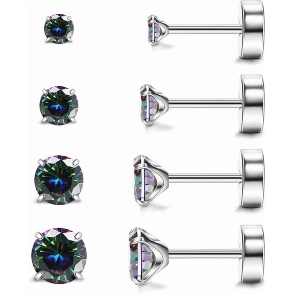 Leander 4-Pack Titanium Flat Back Earrings, G23 Hypoallergenic Stud Earrings for Sensitive Ears, 20G 2-5mm Cubic Zirconia Screw Back Earrings, Mix-Match Gift for Women Men
