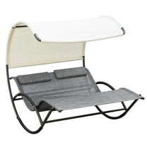 Resenkos Outdoor Double Chaise Rocking Chair, Day Bed Sun Lounger with Canopy Shade, Headrest Pillow, Armrests, Light Gray