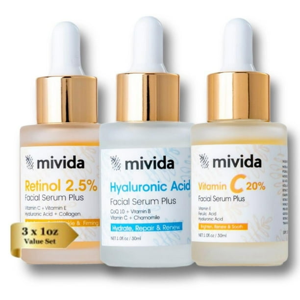 Trío de sueros antienvejecimiento Mivida| 20% vitamina C + ácido hialurónico + 2,5% sueros de retinol para el rostro | Set de cuidado de la piel iluminador, reafirmante e hidratante | Reduce las arrug