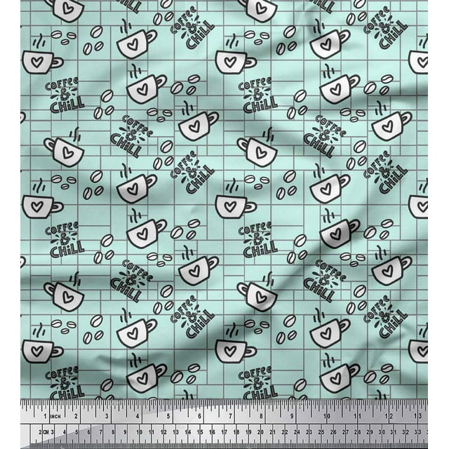 Soimoi Green polyester Crepe Fabric Coffee & CHill Text Fabric Prints By Yard 52 Inch Wide