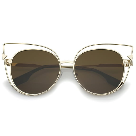 sunglassLA Female Oversize Metal Cutout Frame Arrow Accent Flat Lens Cat Eye Sunglasses 57mm (Gold-Gold / Brown) - 57mm