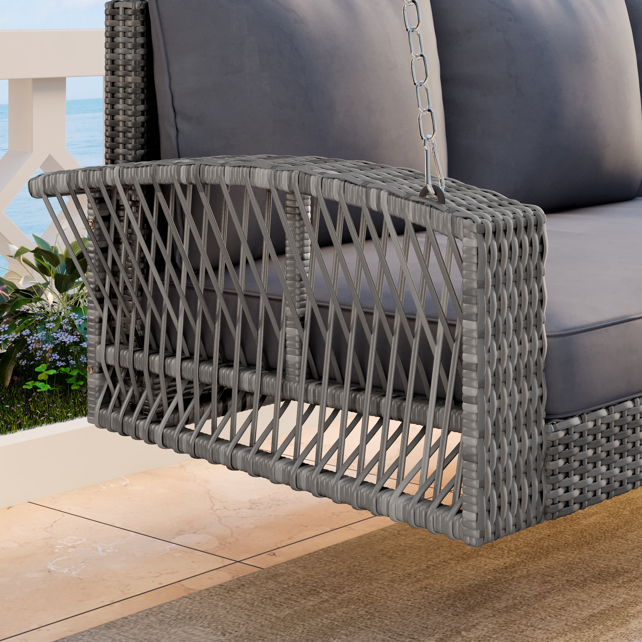 PE Wicker 3-Person Porch Swing with Chains, Large Patio Swing Bench with Cushions for Backyard, Garden, Poolside, Heavy Duty, Gray