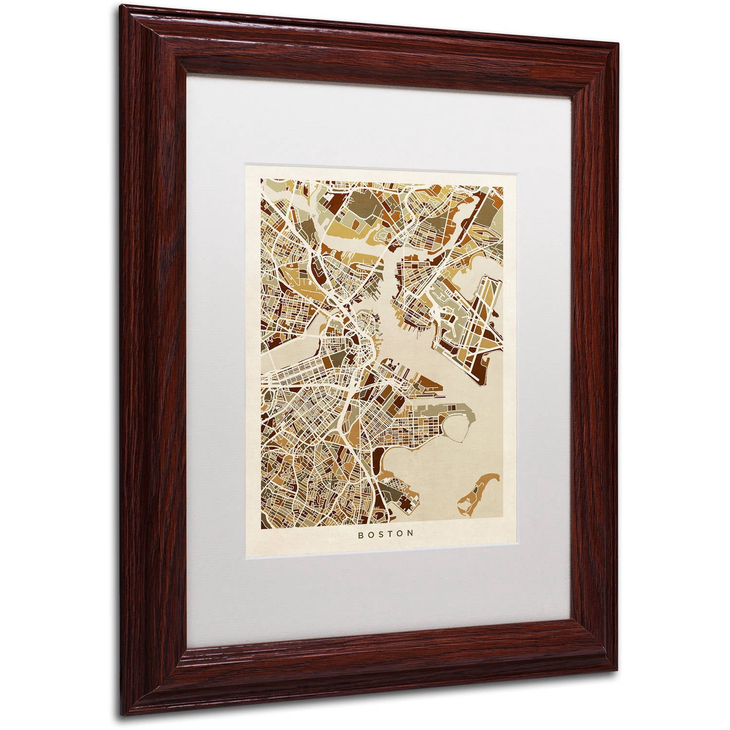 Trademark Fine Art "Boston MA Street Map Brown" Canvas Art by Michael Tompsett, White Matte, Wood Frame