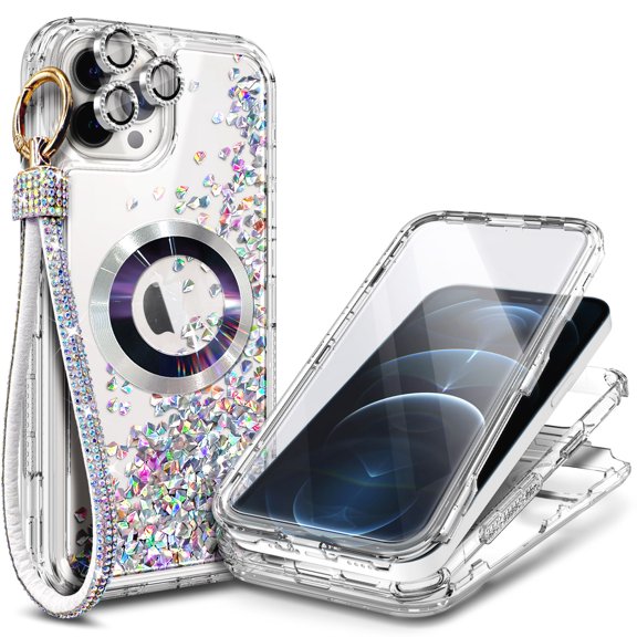 NageBee Designed for iPhone 12 / 12 Pro with [Built-in Screen Protector] Case MagSafe Compatible With Diamond Wrist Strap Lanyard, Glitter Floating Liquid Cute Case (Diamond)