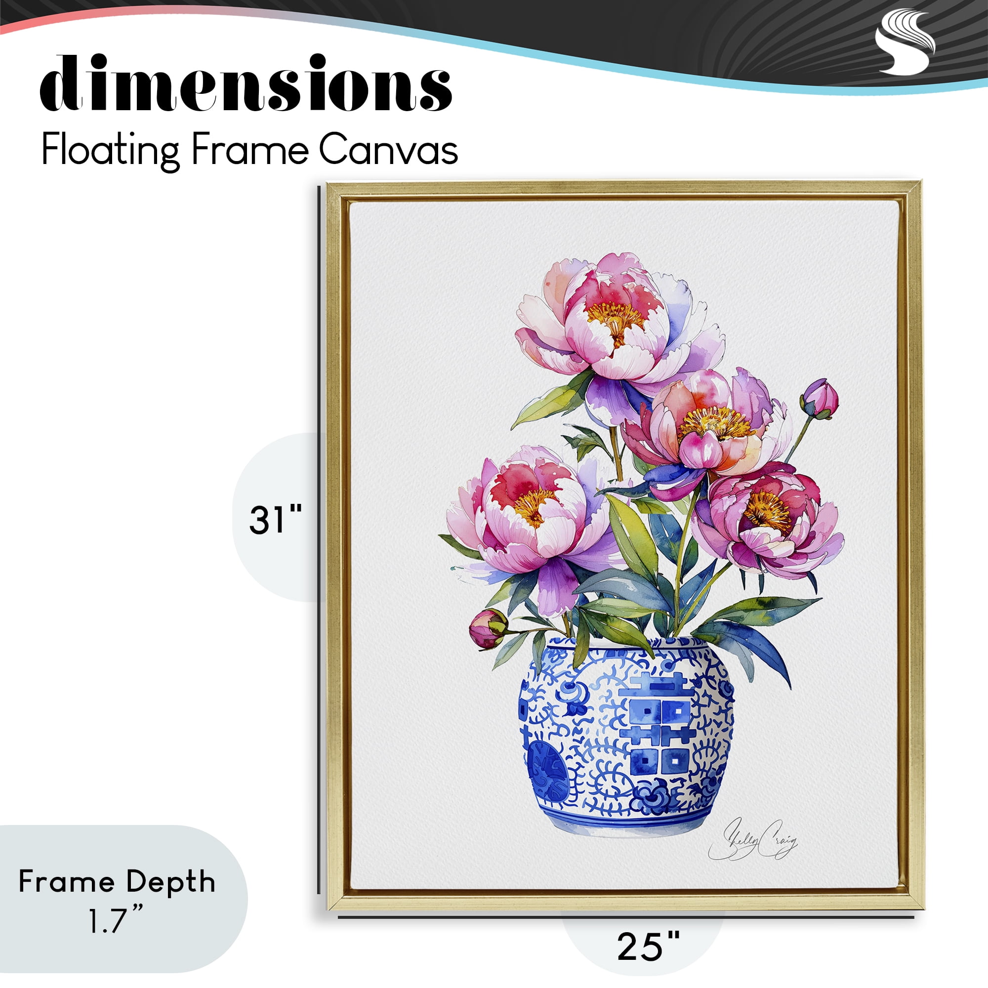 Stupell Industries Blue Dynasty Blooms Gold Framed Floater Canvas Wall Art, design by Shelly Craig