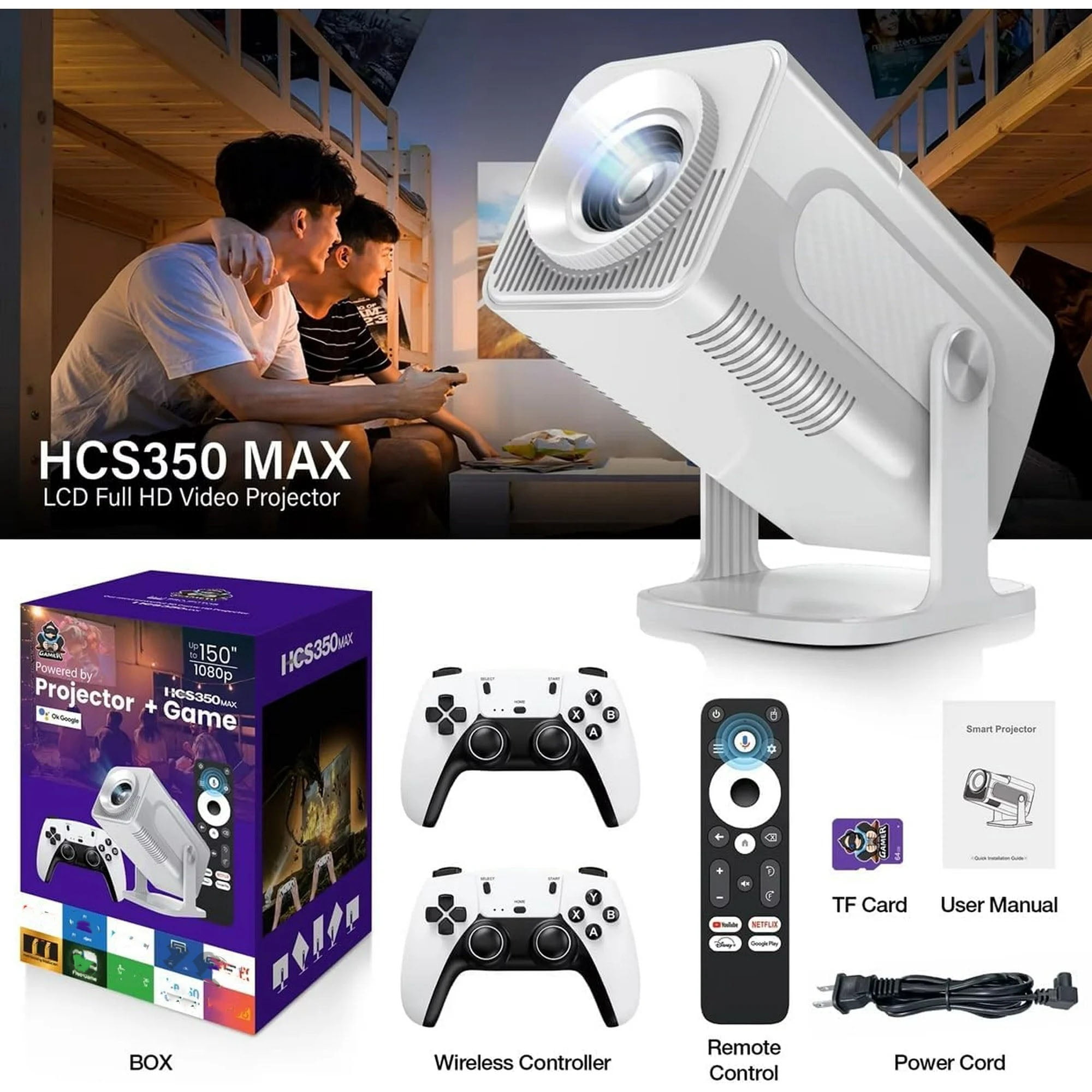 HCS350 Pro Android 11 Gaming Projector 64GB TF Card Wireless Gaming Controller Dual WIFI1920*1080P Home Theater Portable Projector (Hcs350pro Black)