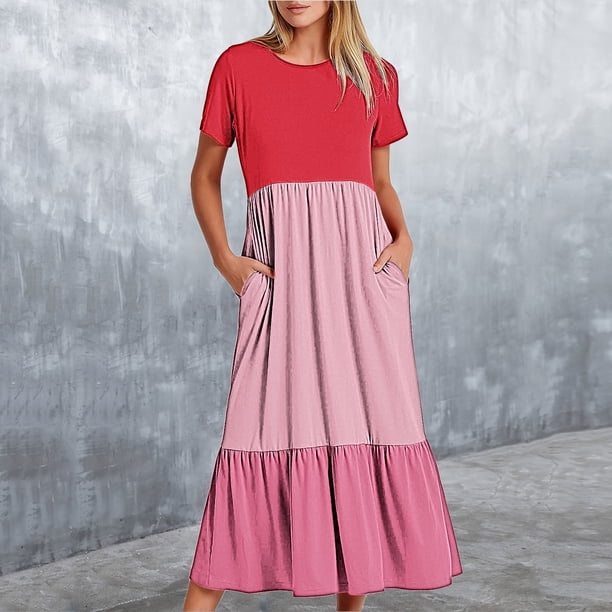 Puntoco Vestido De Mujer Con Cuello Redondo Y Manga Corta A Media Pantorrilla Con Bolsillos Dobles Y Estampado Geométrico Vestido De Manga Corta Con Cuello Redondo Rojo Xxl